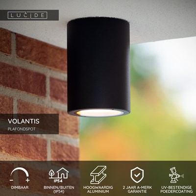 Lucide VOLANTIS - Plafondspot Binnen/Buiten - Ø 10,8 cm - 1xE27 - IP54 - Zwart